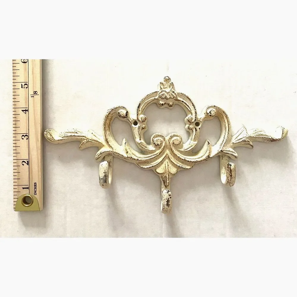 VTG Ornate Iron Hall Tree Hook White Distressed Finish Vintage Decor